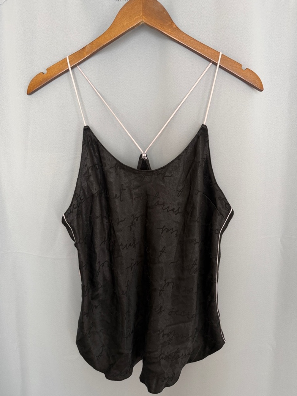 Victoria's Secret Black Satin Script-Detail Cami with Pale Pink Straps Size XL
